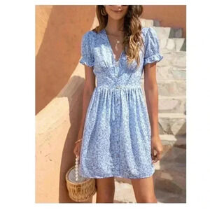 🆕Trendy Summer Blue Leaf Botton Trail A-Line Dress S🆕
